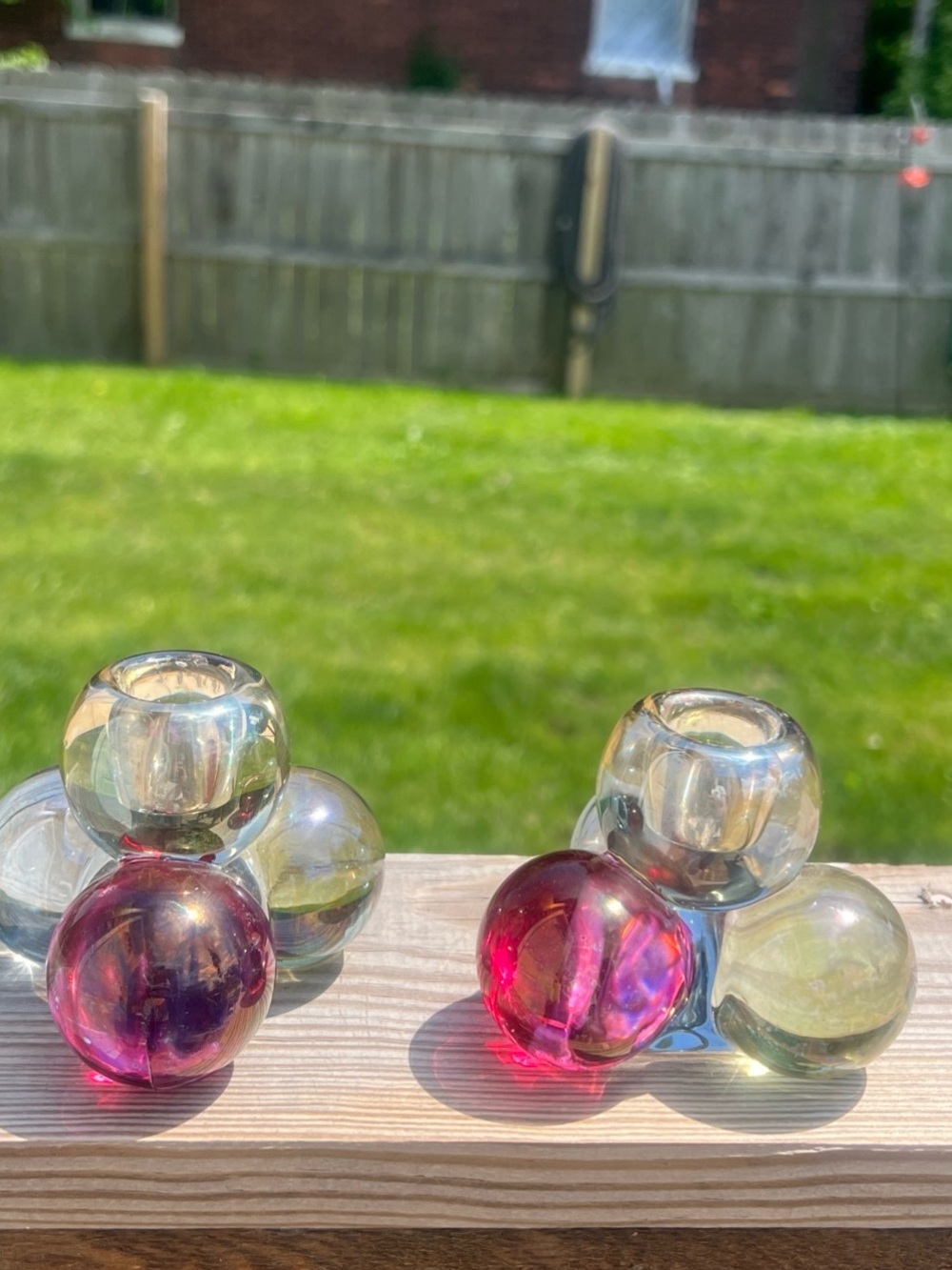 Westmoreland Iridescent Glass Orbs in Purple, Red, and Clear